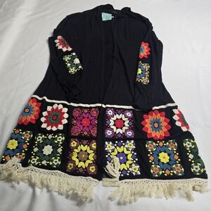 Judith March Embroidered Flower Granny Square Hooded Cardigan Boho Anthropologie